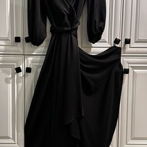 DKNY Satin Black 3/4 Sleeve Wrap Maxi Dress